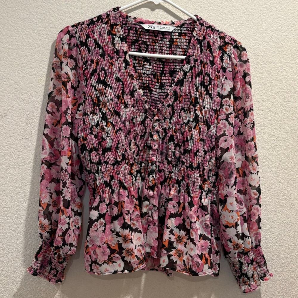 Zara Pink Multicolor Floral Smocked V-Neck Long Sleeve Blouse Size M